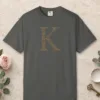 initial-k-tee-pepper-front Initial K design on a Pepper Comfort Colors 1717 tee, laid flat
