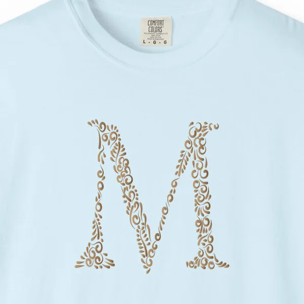 initial-m-tee-chambray-chest Close-up of the Initial M print on a Chambray Comfort Colors 1717 tee
