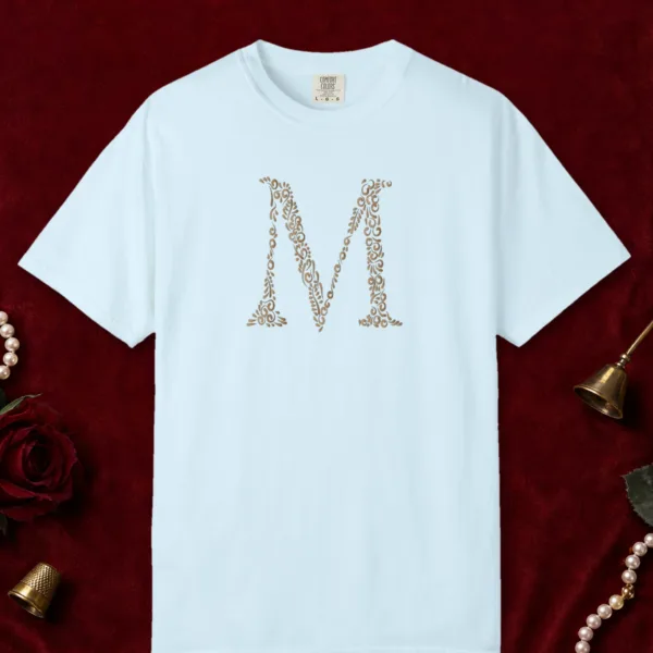 initial-m-tee-chambray-front Initial M design on a Chambray Comfort Colors 1717 tee, laid flat