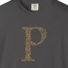 initial-p-tee-graphite-chest Close-up of the Initial P print on a Graphite Comfort Colors 1717 tee