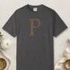 initial-p-tee-graphite-front Initial P design on a Graphite Comfort Colors 1717 tee, laid flat