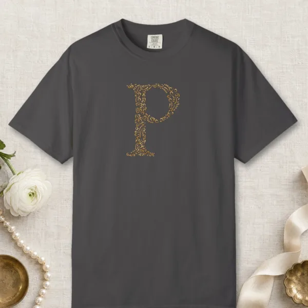 initial-p-tee-graphite-front Initial P design on a Graphite Comfort Colors 1717 tee, laid flat