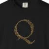 initial-q-tee-black-chest Close-up of the Initial Q print on a Black Comfort Colors 1717 tee