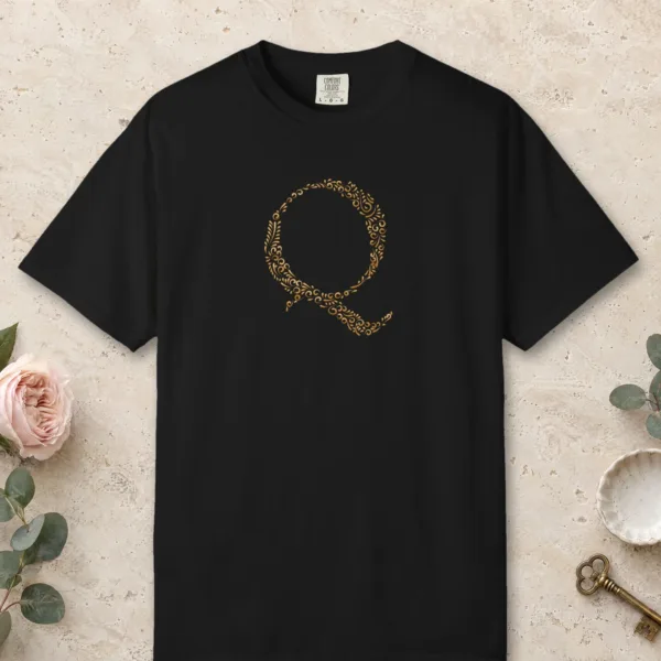 initial-q-tee-black-front Initial Q design on a Black Comfort Colors 1717 tee, laid flat