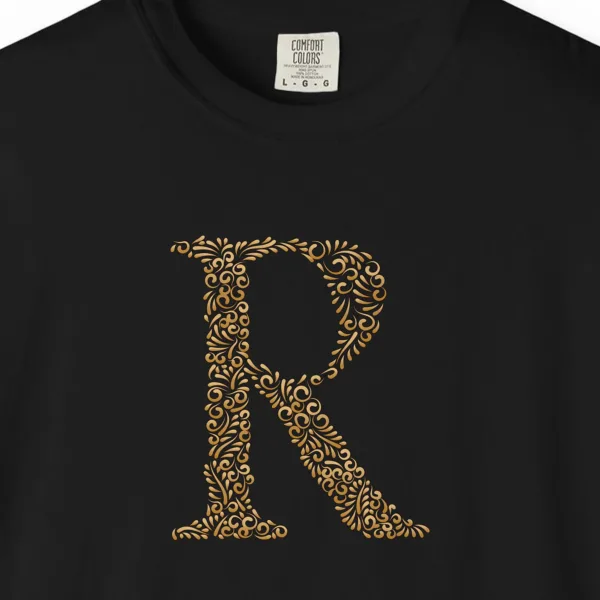 initial-r-tee-black-chest Close-up of the Initial R print on a Black Comfort Colors 1717 tee
