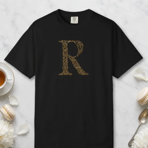 initial-r-tee-black-front Initial R design on a Black Comfort Colors 1717 tee, laid flat