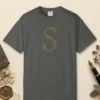 initial-s-tee-pepper-front Initial S design on a Pepper Comfort Colors 1717 tee, laid flat