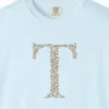 initial-t-tee-chambray-chest Close-up of the Initial T print on a Chambray Comfort Colors 1717 tee