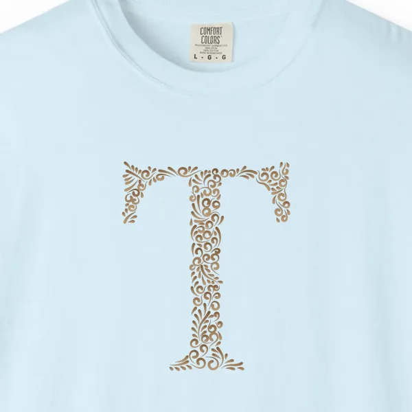 initial-t-tee-chambray-chest Close-up of the Initial T print on a Chambray Comfort Colors 1717 tee