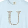 initial-u-tee-chambray-chest Close-up of the Initial U print on a Chambray Comfort Colors 1717 tee
