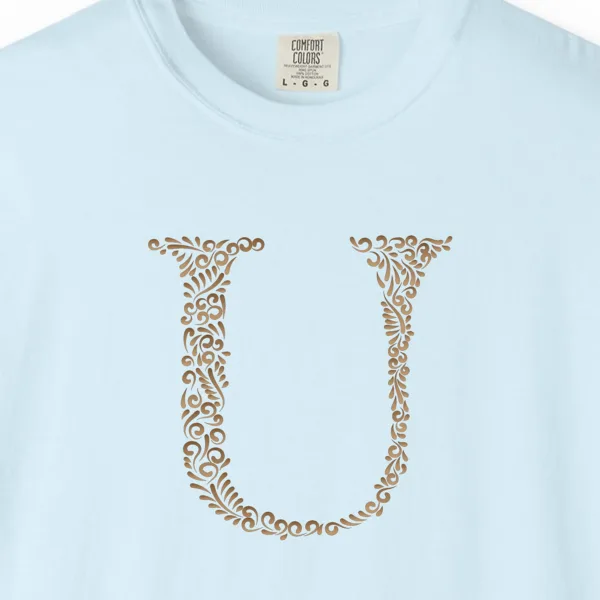 initial-u-tee-chambray-chest Close-up of the Initial U print on a Chambray Comfort Colors 1717 tee