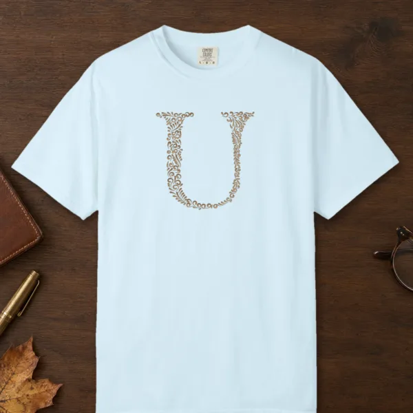 initial-u-tee-chambray-front Initial U design on a Chambray Comfort Colors 1717 tee, laid flat
