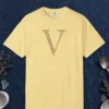 initial-v-tee-butter-front Initial V design on a Butter Comfort Colors 1717 tee, laid flat
