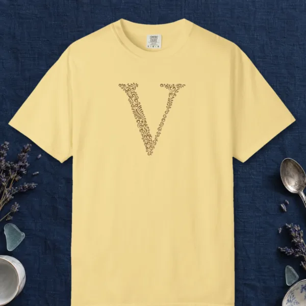 initial-v-tee-butter-front Initial V design on a Butter Comfort Colors 1717 tee, laid flat