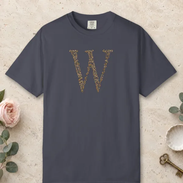 initial-w-tee-navy-front Initial W design on a Navy Comfort Colors 1717 tee, laid flat