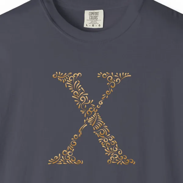 initial-x-tee-navy-chest Close-up of the Initial X print on a Navy Comfort Colors 1717 tee