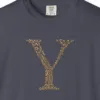 Close-up of the Initial Y print on a Navy Comfort Colors 1717 tee