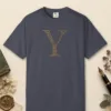 Initial Y design on a Navy Comfort Colors 1717 tee, laid flat