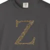 Close-up of the Initial Z print on a Graphite Comfort Colors 1717 tee