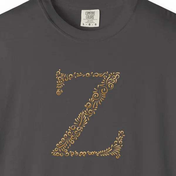 Close-up of the Initial Z print on a Graphite Comfort Colors 1717 tee