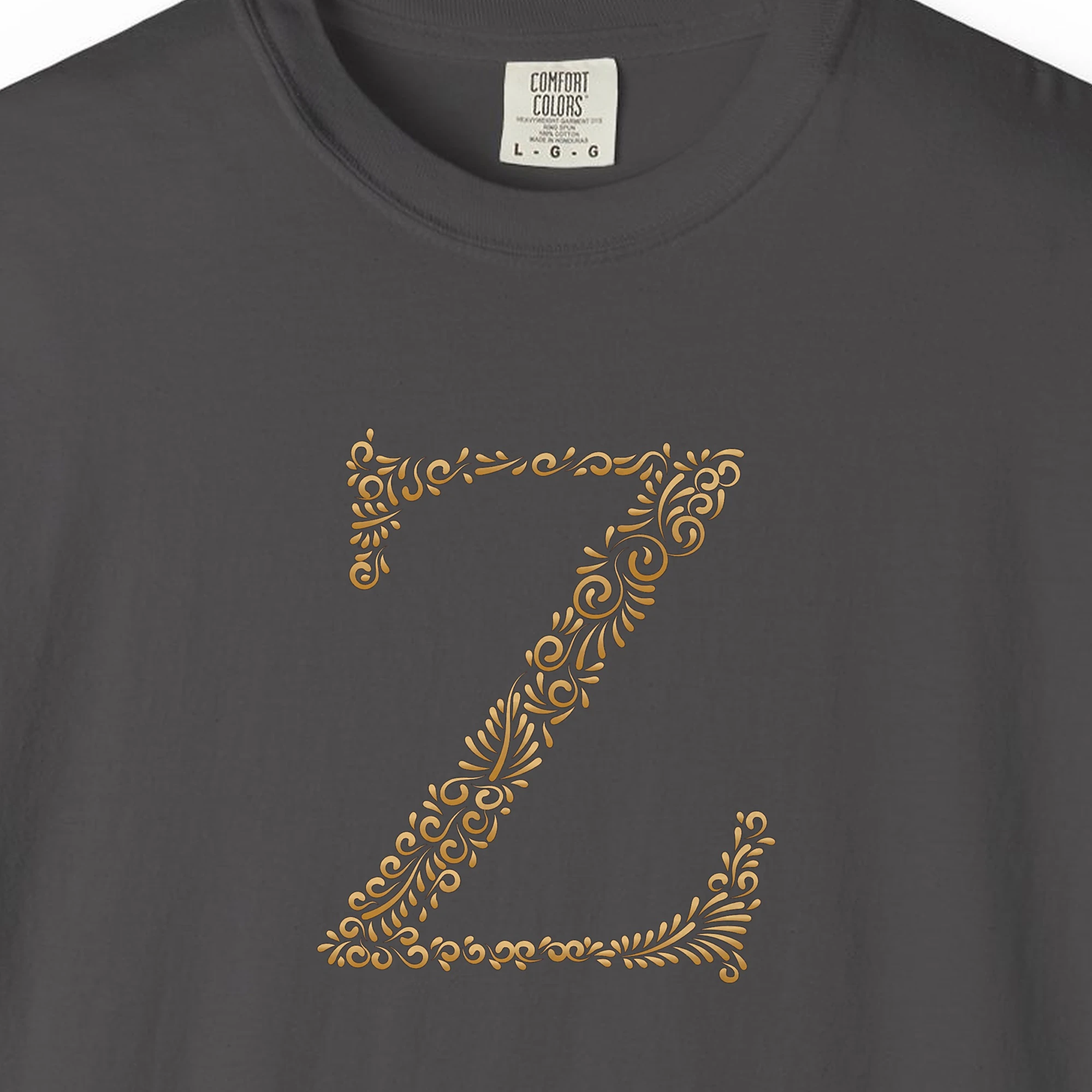 Close-up of the Initial Z print on a Graphite Comfort Colors 1717 tee