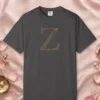 Initial Z design on a Graphite Comfort Colors 1717 tee, laid flat