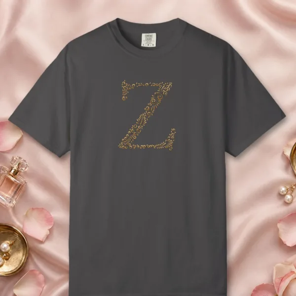 Initial Z design on a Graphite Comfort Colors 1717 tee, laid flat