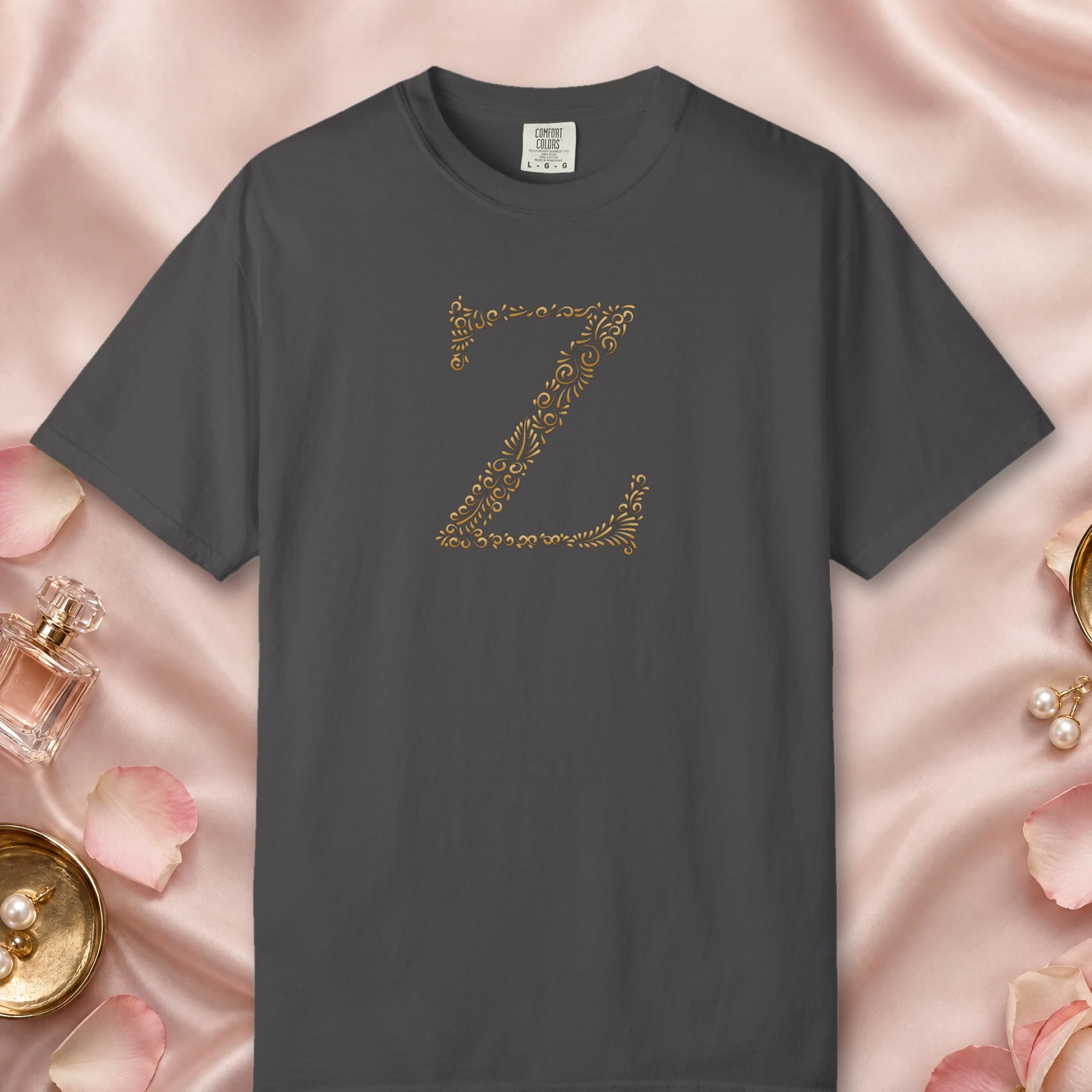 Initial Z design on a Graphite Comfort Colors 1717 tee, laid flat