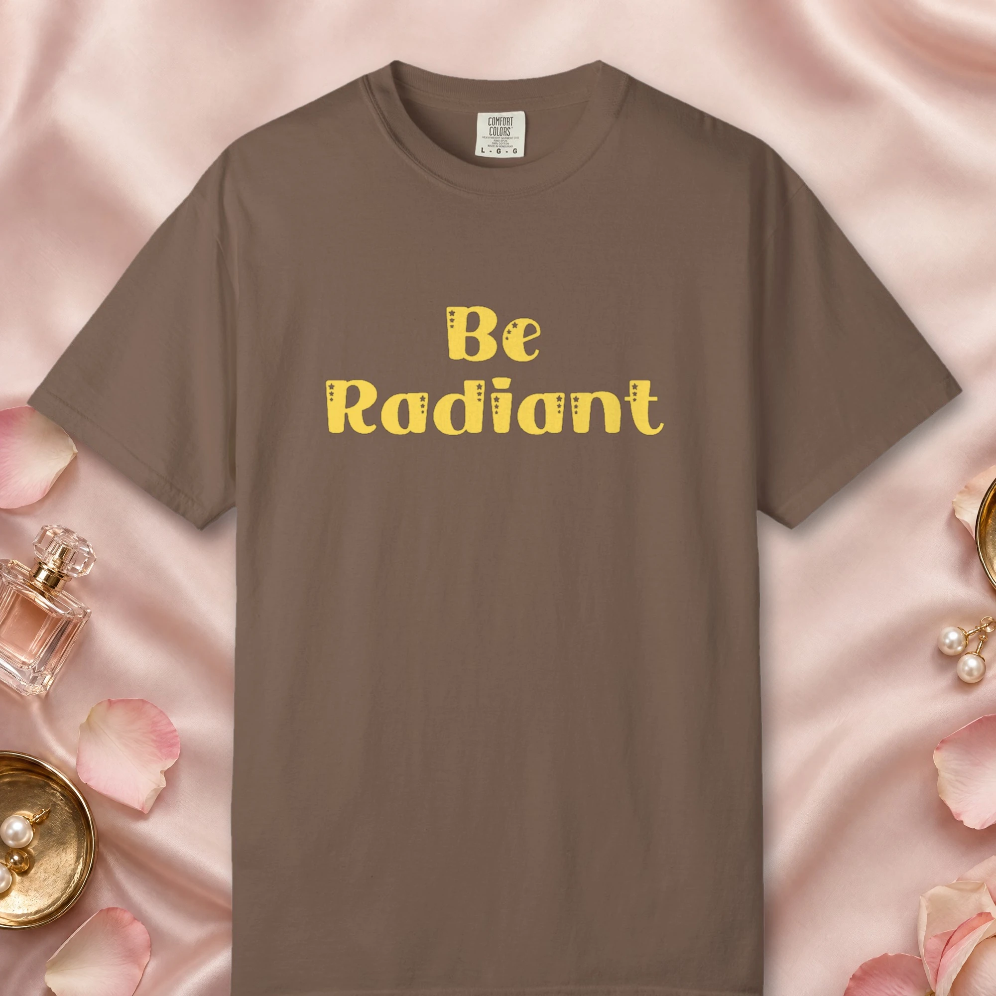 Inner Radiance design on a Espresso Comfort Colors 1717 tee, laid flat