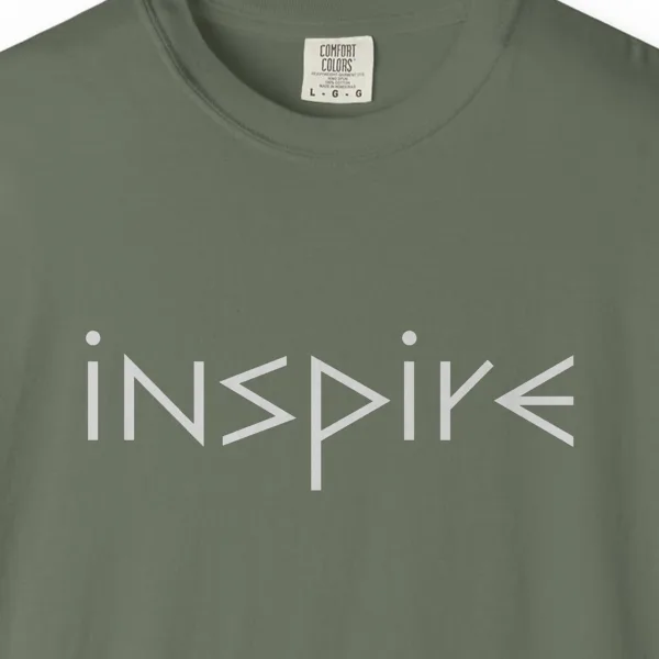 inspire-tee-moss-chest Close-up of the Inspire print on a Moss Comfort Colors 1717 tee