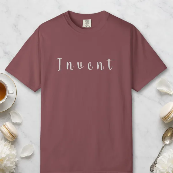 invent-slab-serif-tee-brick-front Invent Slab Serif design on a Brick Comfort Colors 1717 tee, laid flat