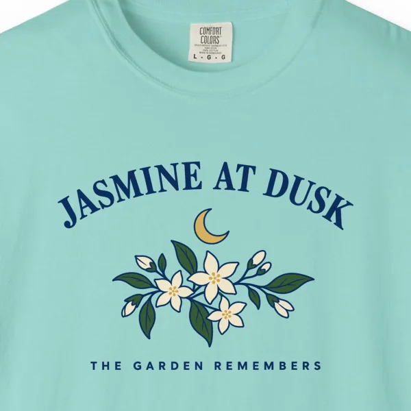 jasmine-at-dusk-tee-chalky-mint-chest Close-up of the Jasmine at Dusk print on a Chalky Mint Comfort Colors 1717 tee