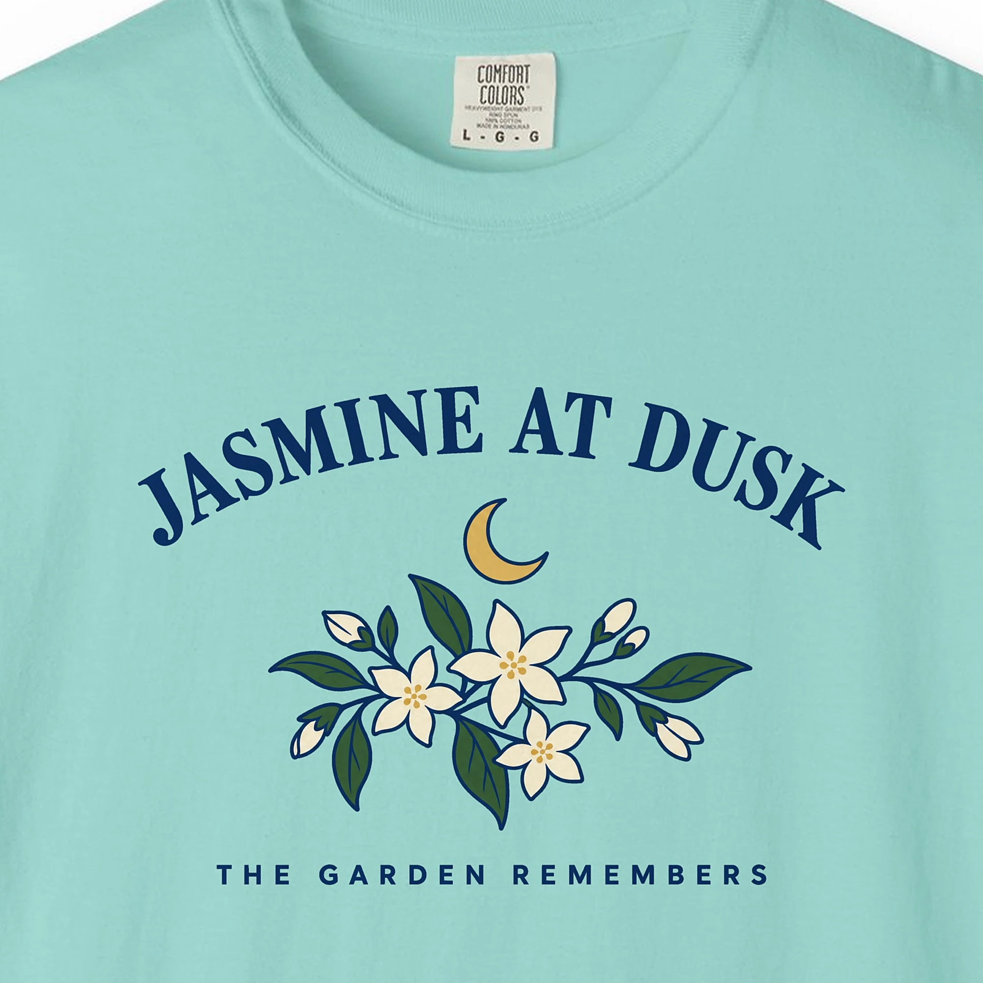jasmine-at-dusk-tee-chalky-mint-chest Close-up of the Jasmine at Dusk print on a Chalky Mint Comfort Colors 1717 tee