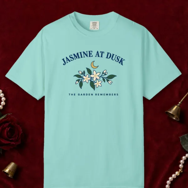 jasmine-at-dusk-tee-chalky-mint-front Jasmine at Dusk design on a Chalky Mint Comfort Colors 1717 tee, laid flat