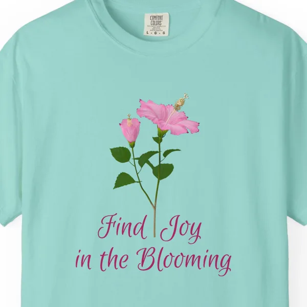 joy-in-the-blooming-tee-chalky-mint-chest Close-up of the Joy in the Blooming print on a Chalky Mint Comfort Colors 1717 tee