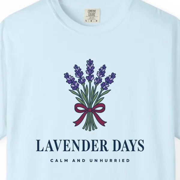 Close-up of the Lavender Days print on a Chambray Comfort Colors 1717 tee