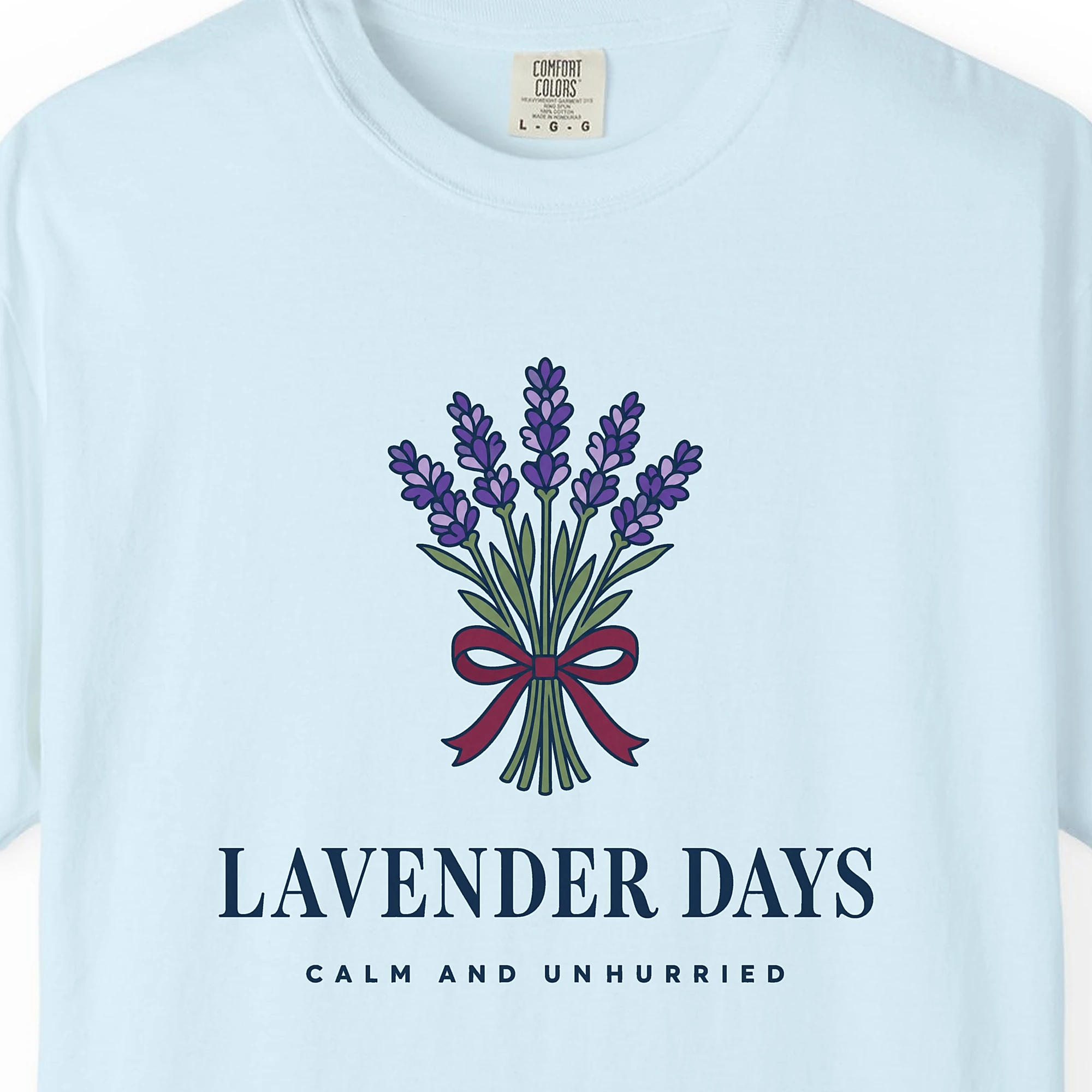 Close-up of the Lavender Days print on a Chambray Comfort Colors 1717 tee