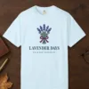 Lavender Days design on a Chambray Comfort Colors 1717 tee, laid flat