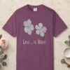 Less Is More Flowers design on a Berry Comfort Colors 1717 tee, laid flat