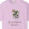 Close-up of the Let Your Spirit Blossom print on a Orchid Comfort Colors 1717 tee