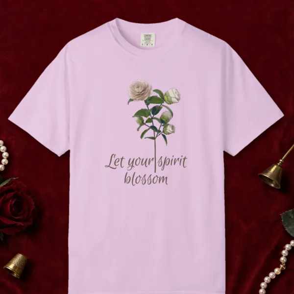 Let Your Spirit Blossom design on a Orchid Comfort Colors 1717 tee, laid flat