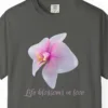 life-blossoms-in-love-tee-pepper-chest Close-up of the Life Blossoms in Love print on a Pepper Comfort Colors 1717 tee