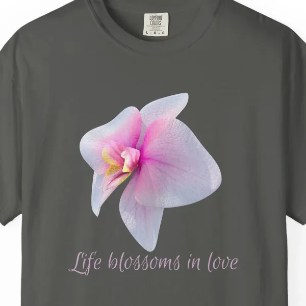 life-blossoms-in-love-tee-pepper-chest Close-up of the Life Blossoms in Love print on a Pepper Comfort Colors 1717 tee