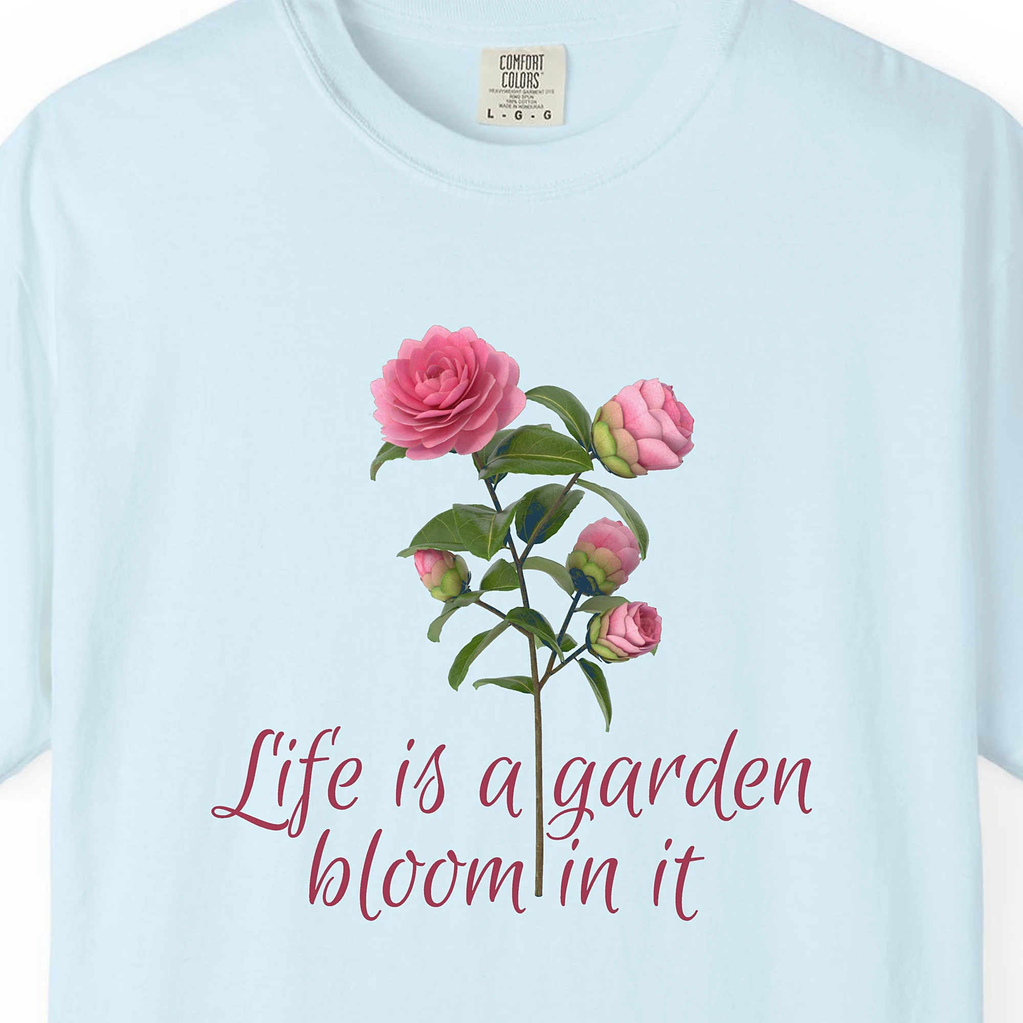 Close-up of the Life Is a Garden print on a Chambray Comfort Colors 1717 tee