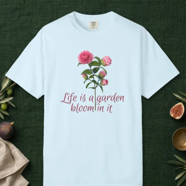 life-is-a-garden-tee-chambray-front Life Is a Garden design on a Chambray Comfort Colors 1717 tee, laid flat