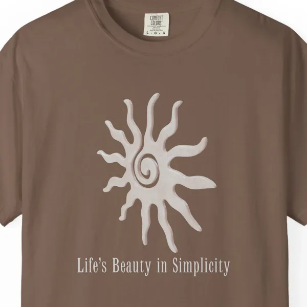 Close-up of the Life's Beauty in Simplicity print on a Espresso Comfort Colors 1717 tee