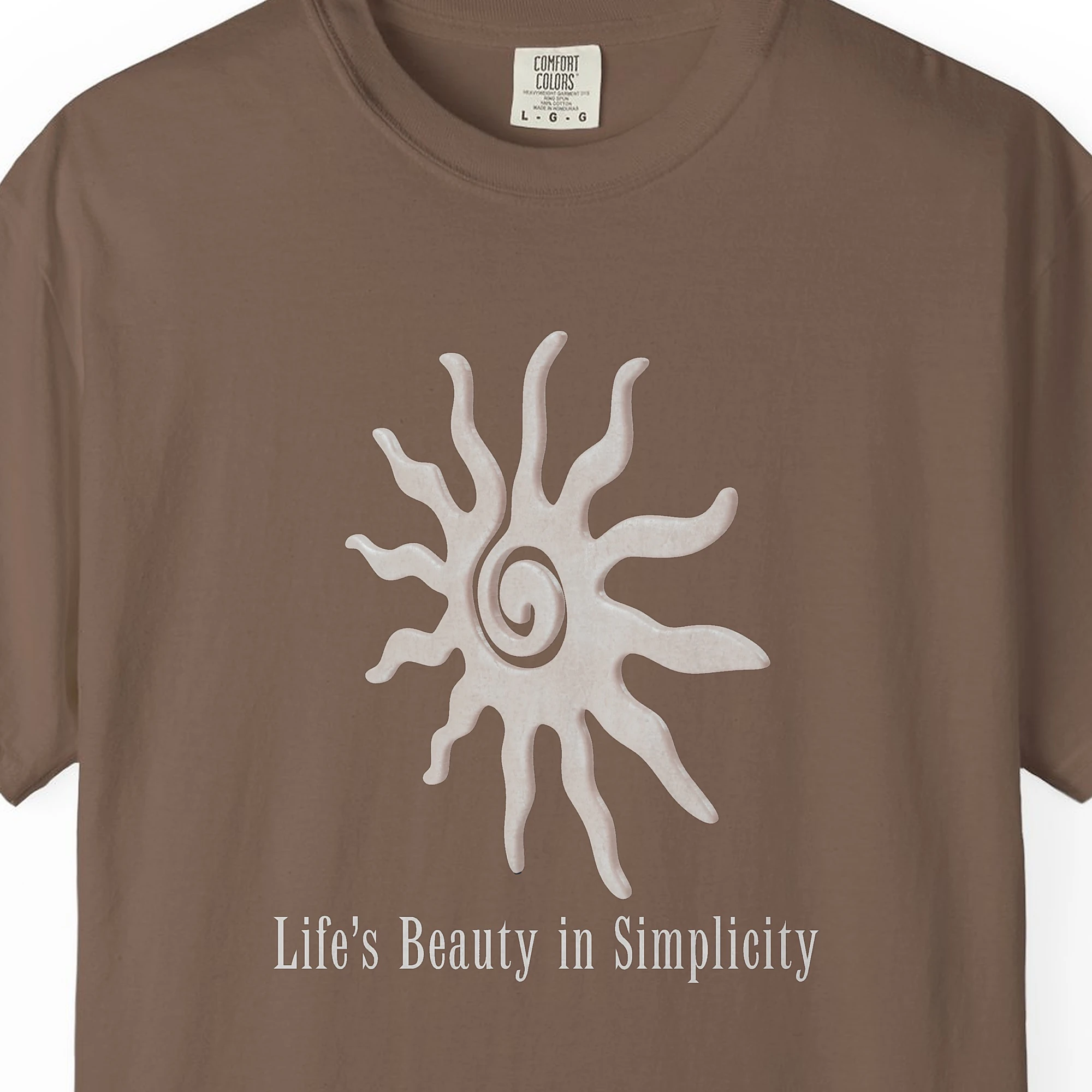 lifes-beauty-in-simplicity-tee-espresso-chest Close-up of the Life's Beauty in Simplicity print on a Espresso Comfort Colors 1717 tee