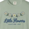 Close-up of the Little Flowers Lasting Joy print on a Bay Comfort Colors 1717 tee