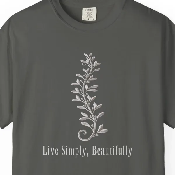 live-simply-beautifully-tee-pepper-chest Close-up of the Live Simply Beautifully print on a Pepper Comfort Colors 1717 tee