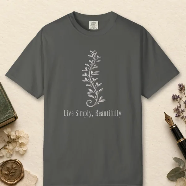 live-simply-beautifully-tee-pepper-front Live Simply Beautifully design on a Pepper Comfort Colors 1717 tee, laid flat